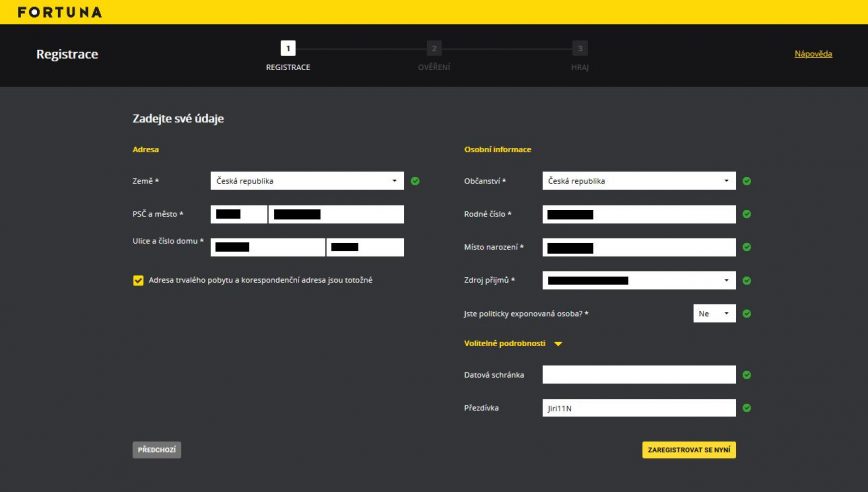 Fortuna ukázka registračního formuláře