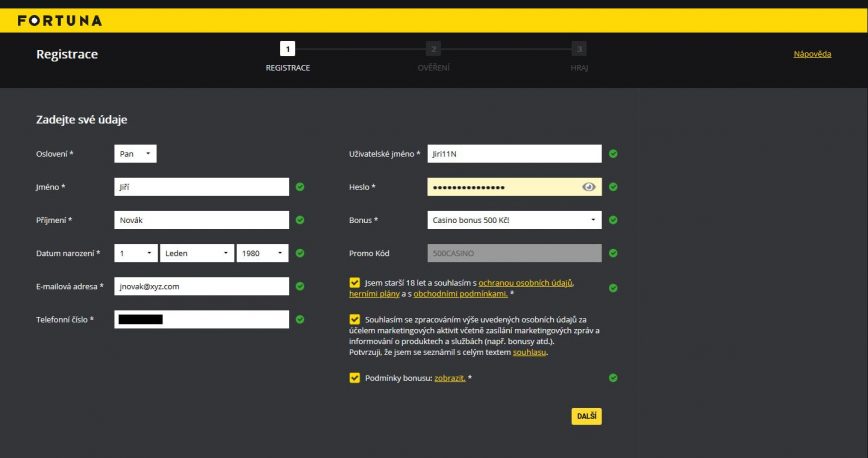 Fortuna casino ukázka registračního formuláře