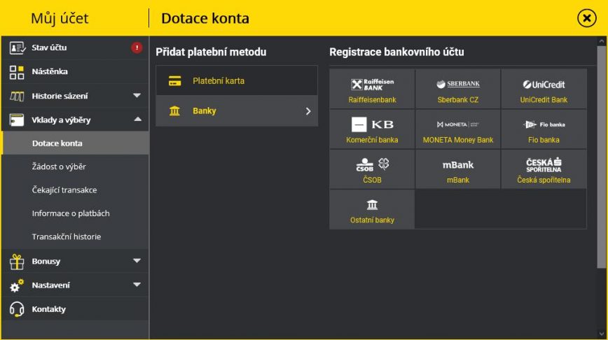 Přidání bankovního účtu pro vklad - Fortuna casino