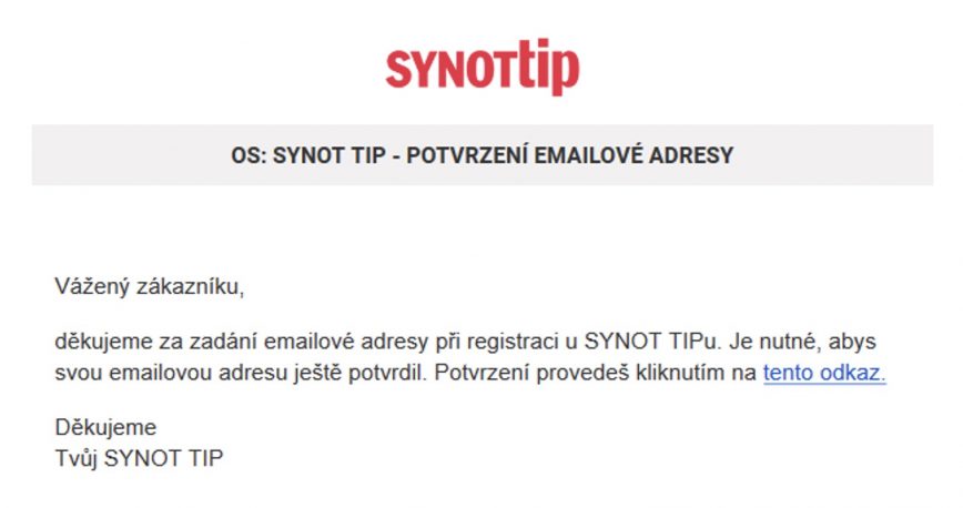 Registrace Synottip - potvrení mailu