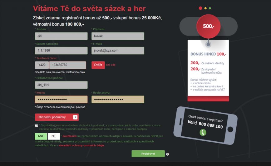 Synottip registrace - registrační formulář